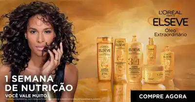 Anúncio da linha Elseve Óleo Extraordinário da L'Oreal com modelo de cabelos cacheados e produtos.