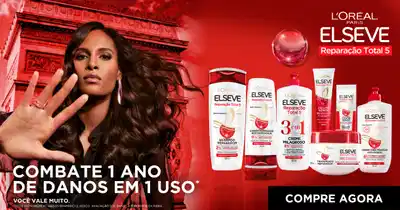 Banner publicitário da linha Elseve da L'Oréal Paris, com modelo de cabelos longos e produtos para reparação capilar. 