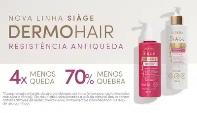 O banner anuncia a nova linha de produtos Dermohair da marca Siàge, com shampoo, condicionador e máscara capilar, prometendo reduzir em 4 vezes a queda de cabelo e 70% menos quebra.