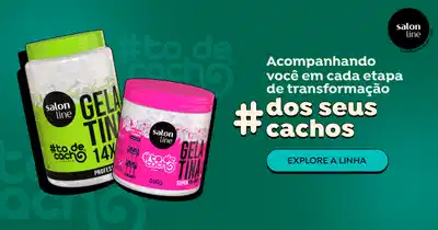 O banner mostra três potes de produtos para cabelo da marca Salon Line, com destaque para a linha "Gelatina" em tons de verde e rosa. Inclui um botão "Explore a linha".