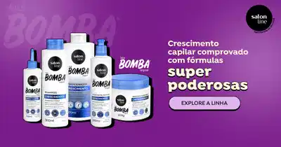 O banner apresenta uma linha de produtos capilares chamada "Bomba" com fórmulas poderosas para crescimento capilar. Exibe vários frascos dos produtos em um fundo roxo.