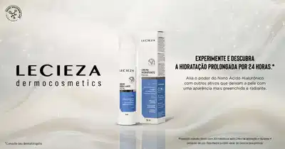 Banner publicitário de produtos Lecieza Dermocosmetics, com creme hidratante facial e texto sobre hidratação prolongada por 24 horas.