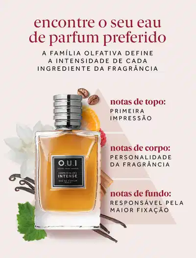 Frasco elegante do Iconique 001 Intense, destacando as notas da fragrância. Encontre o seu eau de parfum preferido.