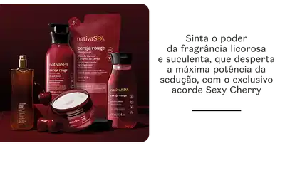 A imagem mostra a linha de produtos completa de Nativa SPA Cereja Rouge.