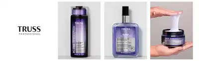 O banner mostra produtos de cuidado capilar da marca Truss em tons de roxo, incluindo shampoo, tratamento e máscara para cabelos loiros.