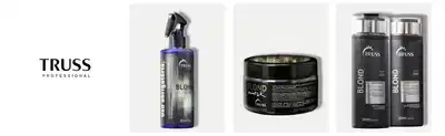O banner mostra produtos para cabelos loiros da marca Truss Professional, incluindo shampoo, condicionador e máscara.