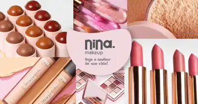 A imagem mostra uma variedade de produtos de maquiagem da marca Nina, incluindo batons vermelhos, corretores e pós compactos.