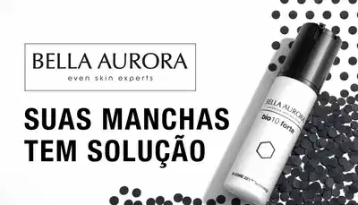 Banner da marca Bella Aurora com slogan "Suas manchas têm solução" e produto Bio10 Forte.
