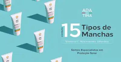 Banner publicitário de produtos Ada-Tina para proteção solar, mostrando tubos de creme com 15 tipos de manchas.
