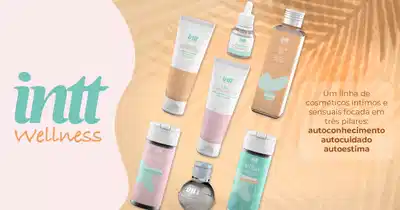 Banner publicitário de uma linha de cosméticos íntimos chamada "Intt Wellness", focada em autoconhecimento, autocuidado e autoestima. Mostra os produtos em frascos de cores suaves.