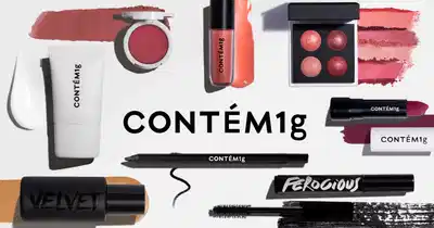 Banner publicitário de cosméticos Contem1g, mostrando vários produtos de maquiagem em tons de rosa e marrom.