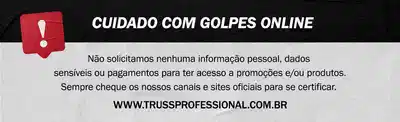 Banner com alerta "Cuidado com golpes online" e site www.trussprofessional.com.br para verificar promoções oficiais.