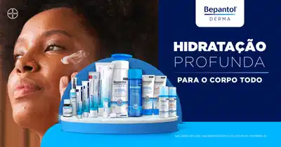 Banner publicitário para a linha de produtos Bepanthol para cuidados com a pele ressecada, tatuagens, assaduras, lábios, rosto e cabelos.