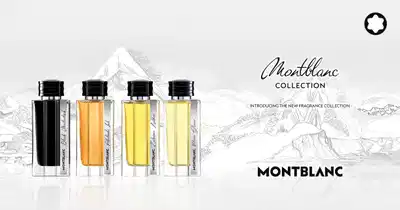 O banner apresenta a nova coleção de fragrâncias Montblanc, com quatro frascos de perfumes e uma paisagem montanhosa desenhada.