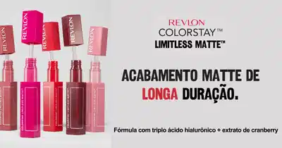 Banner publicitário da linha Colorstay Limitless Matte da Revlon, mostrando vários batons de cores vibrantes e uma modelo usando batom vermelho.