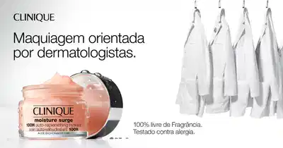 Banner publicitário da Clinique, mostrando um produto de hidratação e silhuetas de pessoas. Texto: "Maquiagem orientada por dermatologistas. 100% livre de fragrância."
