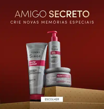 Banner de fundo vermelho escuro com imagens de caixas de presente Eudora douradas, próprio para uma página exclusiva com ideias de presentes para amigo secreto. Texto: "Amigo Secreto, crie novas memórias especiais"