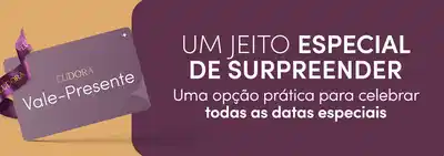 O banner mostra um cartão-presente dourado da marca Eudora com um fita roxa em volta.