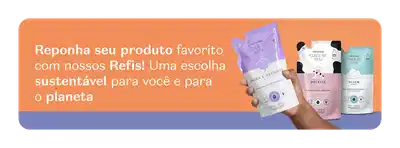 O banner mostra refis sustentáveis para recarregar seus produtos favoritos de Cuide-se Bem, sobre fundo laranja e lilás.