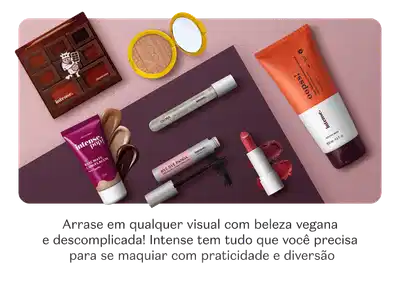 Diversos produtos sobre fundo rosa e roxo, divulgando a marca Intense que possui produtos de beleza veganos e descomplicados.