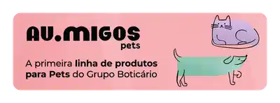 Banner com ilustrações de um cachorro e um gato, comunicando que Au.migos Pets é a primeira linha de produtos para pets do Grupo Boticário.