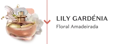O banner mostra um frasco de Lily Gardénia da família olfativa Floral Amadeirada, com flores brancas ao redor.