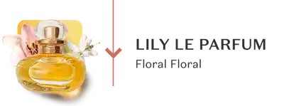 O banner mostra um frasco de Lily Le Parfum da família olfativa Floral Floral, com flores ao redor.
