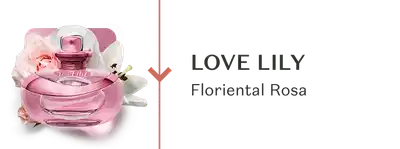 O banner mostra um frasco de Love Lily da família olfativa Floriental Rosa, com flores brancas ao redor.