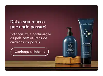 O banner promove uma linha de produtos de cuidados corporais de Malbec, com destaque para o potencial de perfumação da pele.