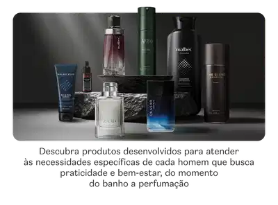 O banner apresenta uma variedade de produtos de cuidados pessoais masculinos, incluindo perfumes, shampoos e outros itens.