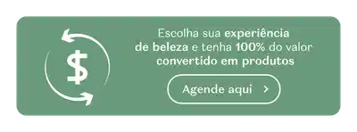 Fundo verde com cifrão em branco, setas em volta dele e texto contando que você tem 100% do valor de uma experiência de beleza convertido em produtos.