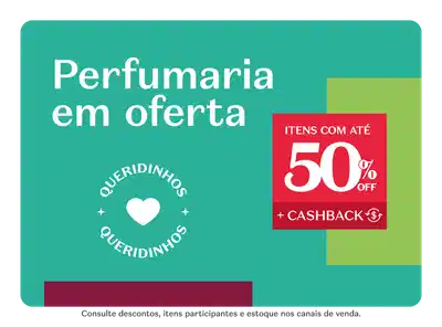 O banner colorido com tons de verde e rosa traz uma promoção de perfumaria com descontos de até 50%OFF e acúmulo de cashback.