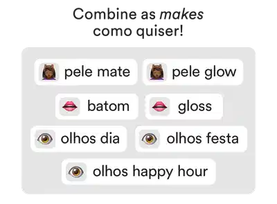 Banner branco com emojis representando as opções de maquiagens disponíveis na experiência de make.