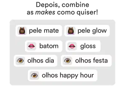 Banner com fundo branco e emojis indicando diversas opções de maquiagem.
