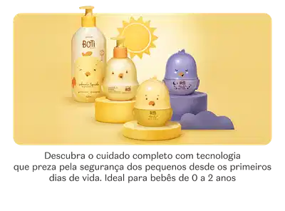 Itens de Boti Baby, incluindo loções, cremes e acessórios em tons amarelos e roxos. O texto destaca que esses produtos oferecem tecnologia para a segurança dos pequenos desde os primeiros dias de vida.