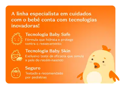 O banner laranja, destacando tecnologias inovadoras como fórmula hidratante, teste de eficácia para pele e segurança testada por pediatras.