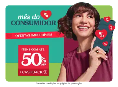 O banner apresenta uma mulher sorridente segurando um smartphone, com promoções e descontos de até 50% em diversos produtos.