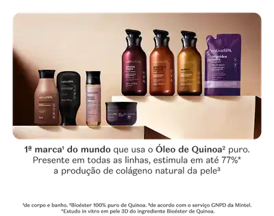 Uma variedade de produtos da marca Nativa SPA, incluindo shampoos, condicionadores e loções corporais, sobre fundo bege sombreado.