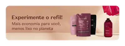 Sachês refil de produtos O Boticário ao lado da embalagem original em fundo bege com texto convidando a experimentar a embalagem refil.