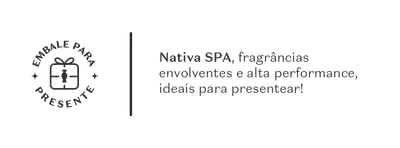 Fundo cinza-claro com caixa de presente vetorizada e texto falando sobre a marca Nativa SPA.