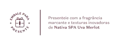 Fundo cinza-claro com caixa de presente vetorizada e texto convidando a presentear com os produtos da marca Nativa SPA Uva Merlot.