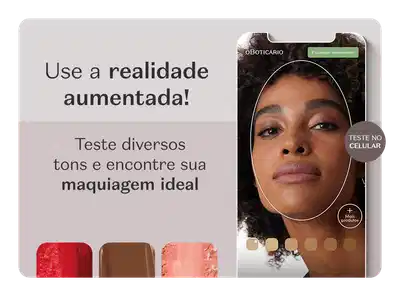 O banner mostra uma mulher negra em um template de smartphone, sobre fundo cinza, comunicando o Espelho Virtual, ferramenta para testar o tom ideal de maquiagem.
