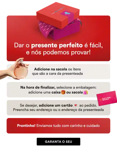 O banner apresenta uma caixa de presente vermelha e informações sobre como personalizar e enviar o presente, com destaque para a facilidade e cuidado no processo.