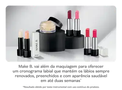 O banner apresenta uma variedade de produtos de cronograma labial da marca Make B.