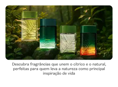 Quatro frascos de Arbo, sobre fundo de floresta, comunicando sobre as principais características da marca.