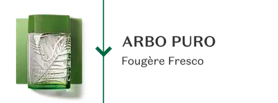 Frasco de Arbo Puro, sobre fundo branco, comunicando sua família olfativa Fougère Fresco.