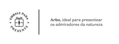 Banner branco, com letras pretas, convidando para embalar e presentear com Arbo.