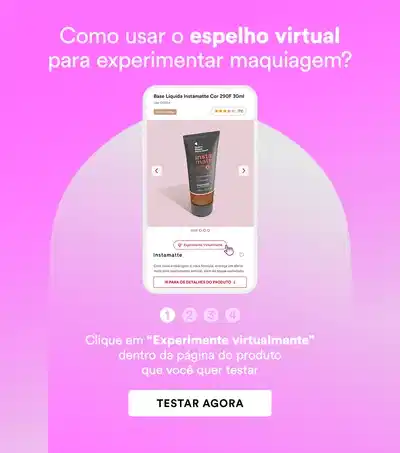 Mulher loira com maquiagem nos lábios, sobre fundo rosa, comunicando o Espelho Virtual, ferramenta com realidade aumentada para testar o tom ideal de maquiagem.