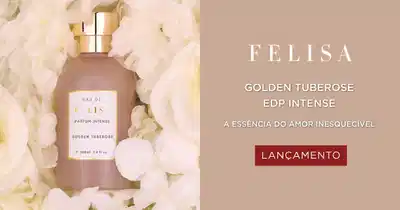 O banner apresenta um frasco de perfume Felisa Golden Tuberose EDP Intense em meio a rosas brancas,  "A essência do amor inesquecível".