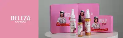 O banner apresenta uma coleção de produtos da marca "Beleza Express", com embalagens rosa e imagens de mulheres em estilo retrô.